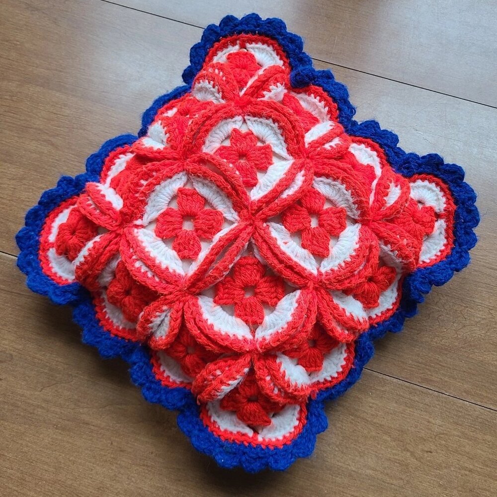 Vintage Crochet Granny Pillow Christmas Handmade Crocheted Cottagecore Corduroy
